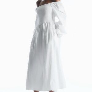 Off-The-Shoulder Smocked Midi Dress. White. US SZ 14. NWT